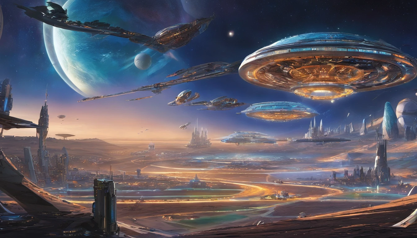 A vibrant cosmic background with a myriad of futuristic spaceships. These ships vary in design, color, and size. Some are sleek and streamlined, while others have intricate patterns and designs. The central focus is a large, circular space station with a unique, infinity-like shape. A starship made from the following: a beat up old washer, MRI Machine, CT Scanner, 1974 Winnebago, tons of duct tape, odd vehicle parts, 2 large shipping containers,1974 Winnebago.The ships are tered throughout the image, with some hovering near the station and others dispersed in the cosmic expanse. The overall theme suggests a setting in outer space, possibly in a galaxy or universe where advanced civilizations exist. Multiple spaceships with diverse designs are docked or drifting nearby, reflecting the myriad tastes of the various alien species. Alien beings in unique attire are seen engaging in various activities, while construction equipment is actively in use, signaling the ongoing expansion of this interstellar habitat. A colossal glowing planet domithe backdrop, while a drone captures the essence of this bustling interstellar community. This scene is rendered in Octane with 4D 750k UHD resolution, drawing inspiration from the visionary minds of Mel Brooks, Steven Spielberg, J. Michael Straczynski, and Harlan Ellison.