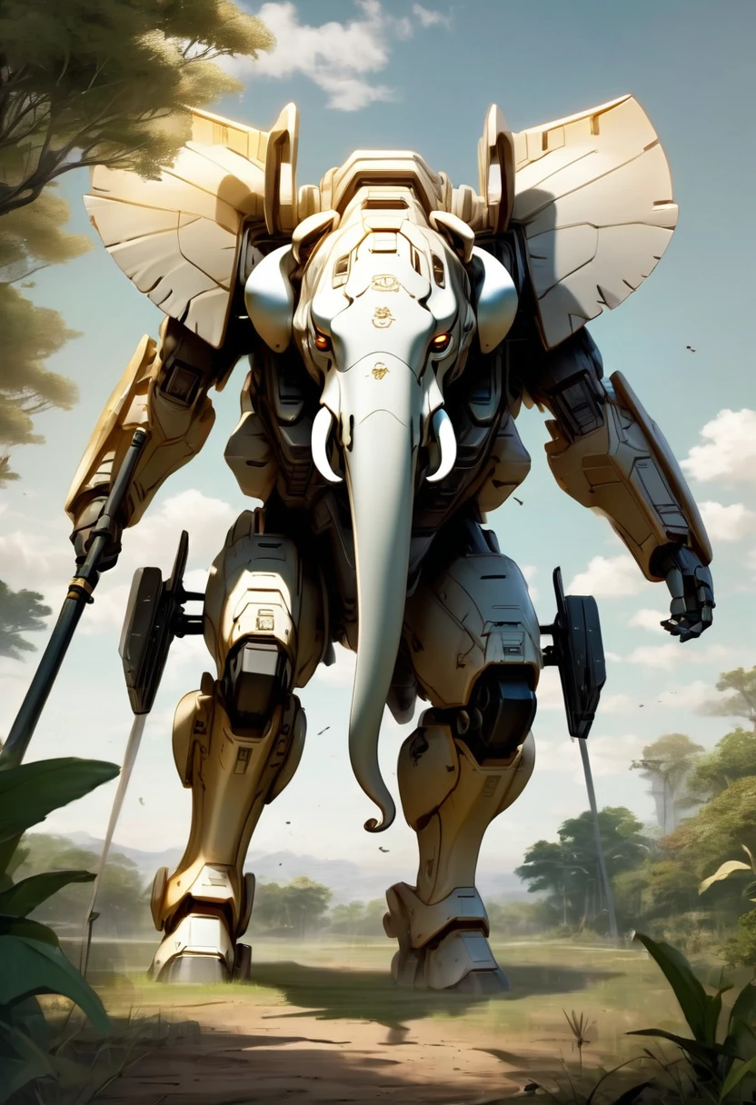 a portrait of a mecha elephant in the jungle, an epic mecha elephant ((full body: 1.5)), ((anatomically correct: 1.5)), (ultra detailed face: 1.2), mechanical eyes, ,mechanical trunk, in the savannah , full of savannah wild life, there is a stream of water, it is a sunny day, there are sun rays, savannah background, vibrant, Ultra-high resolution, High Contrast, (masterpiece:1.5), highest quality, Best aesthetics), best details, best quality, highres, 16k, (ultra detailed: 1.5), masterpiece, best quality, (extremely detailed) RAW, (ultra details, Masterpiece, best quality), manga style