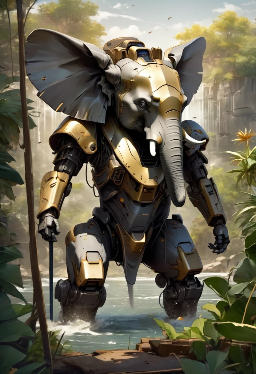 a portrait of a mecha elephant in the jungle, an epic mecha elephant ((full body: 1.5)), ((anatomically correct: 1.5)), (ultra detailed face: 1.2), mechanical eyes, ,mechanical trunk, in the savannah , full of savannah wild life, there is a stream of water, it is a sunny day, there are sun rays, savannah background, vibrant, Ultra-high resolution, High Contrast, (masterpiece:1.5), highest quality, Best aesthetics), best details, best quality, highres, 16k, (ultra detailed: 1.5), masterpiece, best quality, (extremely detailed) RAW, (ultra details, Masterpiece, best quality), manga style