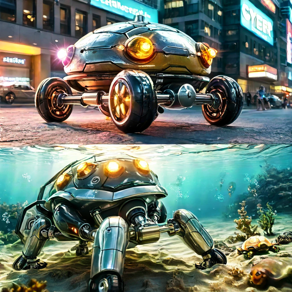 Mechanobiology, tachikoma, Robotic Turtle, Glowing Shell, an underwater city, cyber punk, High-definition texture