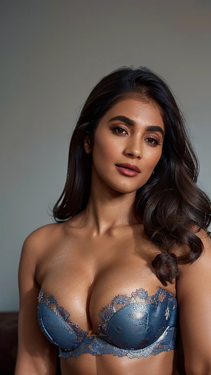 close-up body portrait, showing navel and midriff, (bedroom photoshoot), ((best quality)), masterpiece, 8k wallpaper, nikon, cinematic lighting, medium hair, ((blue iris)), (photorealistic:1.4), (pooja hegde), (as model), (deep cleavage),lace lingerie, black hair, full body , cool temperature