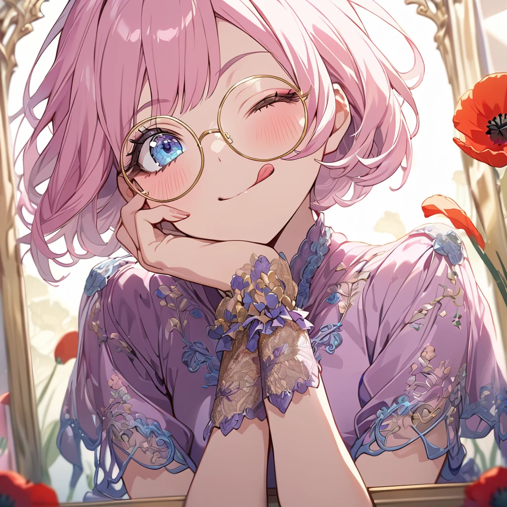 Hiori Light Art, Backlight, Pink Theme, (Art Nouveau:1.2), (Background of Meandros:1.2), pastel colour, One girl, alone, Portraiture, Pink Hair、Round Glasses、Short Bob，birthday whole cake, Striped Hair, Purple Eyes, 彼女はbirthday whole cakeが乗った皿を持ってきた, (Long eyelashes:1.2), blue eyes, Long eyelashes, Silk dress, Purple Dress, blue embroidery, Short sleeve, Lace gloves, Wrist scrunchies, Gold border, (Emphasis on high-quality fabrics, embroidery:1.2 ), close, (;q:1.1), Round Glasses,Short Bob,Close one eye, Conceit, Mouth closed, tongue, Put your hand on your cheek, head_Tilt, (Emphasis on high-quality fabrics, embroidery:1.2), bloom, Shine, Perfect lighting, masterpiece, Highest quality, Incredibly absurd, Super detailed, reflection, , Poppy, 