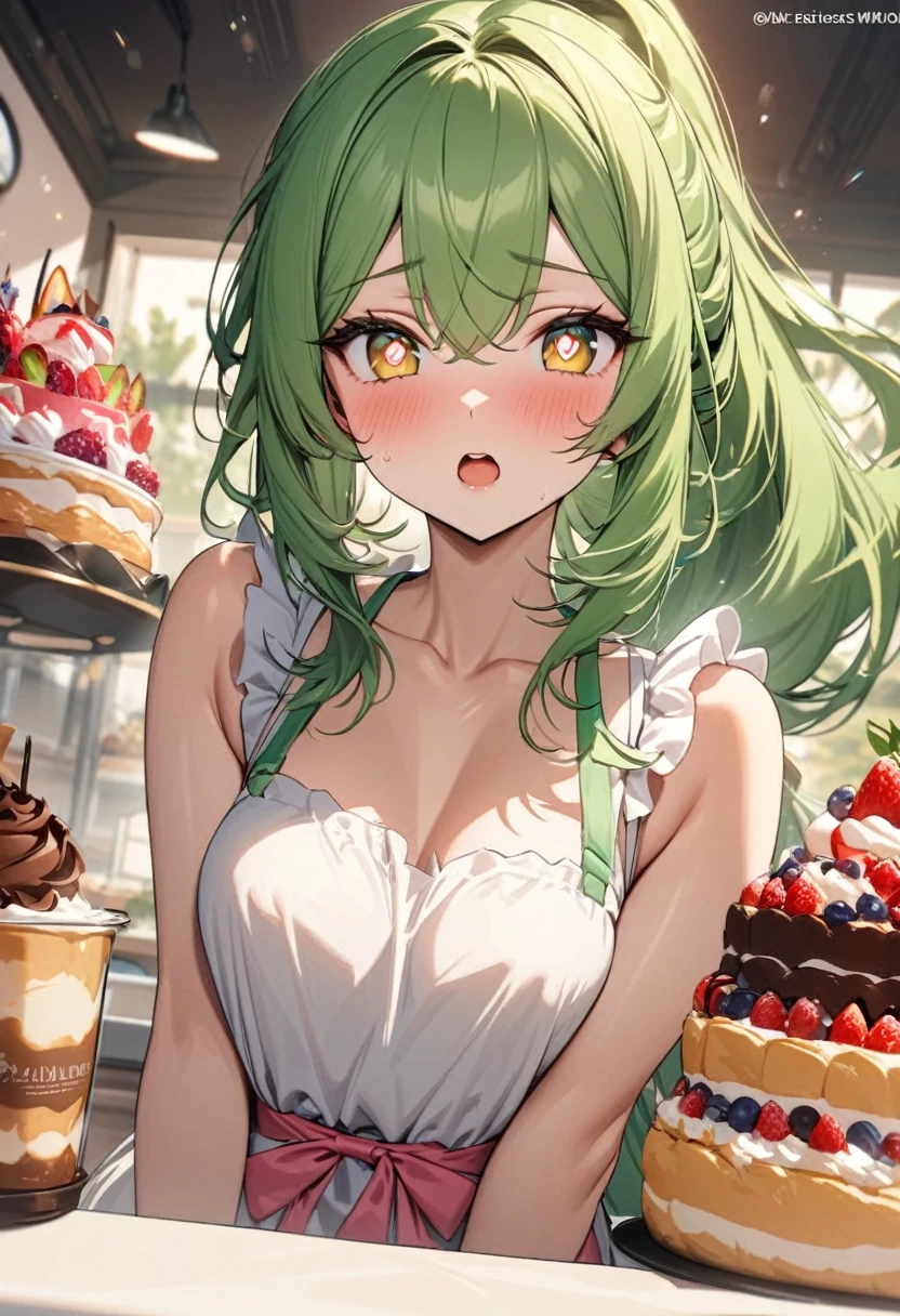 (The ultimate biggest Wedding cake) (best quality detailed Delicious parfait), (solo:2, 15 yo) (beautiful ponytail) (beauty green hair long hair) (beauty lovely girl), (beautiful detailed Heart-shaped pupils yellow eyes), (cute open mouth, medium tits), in a cute Apron dress, break, in the best cute Patisserie, BREAK, perfect anatomy, masterpiece, best quality, 16k, beautiful detailed grow, daydreaming expression.