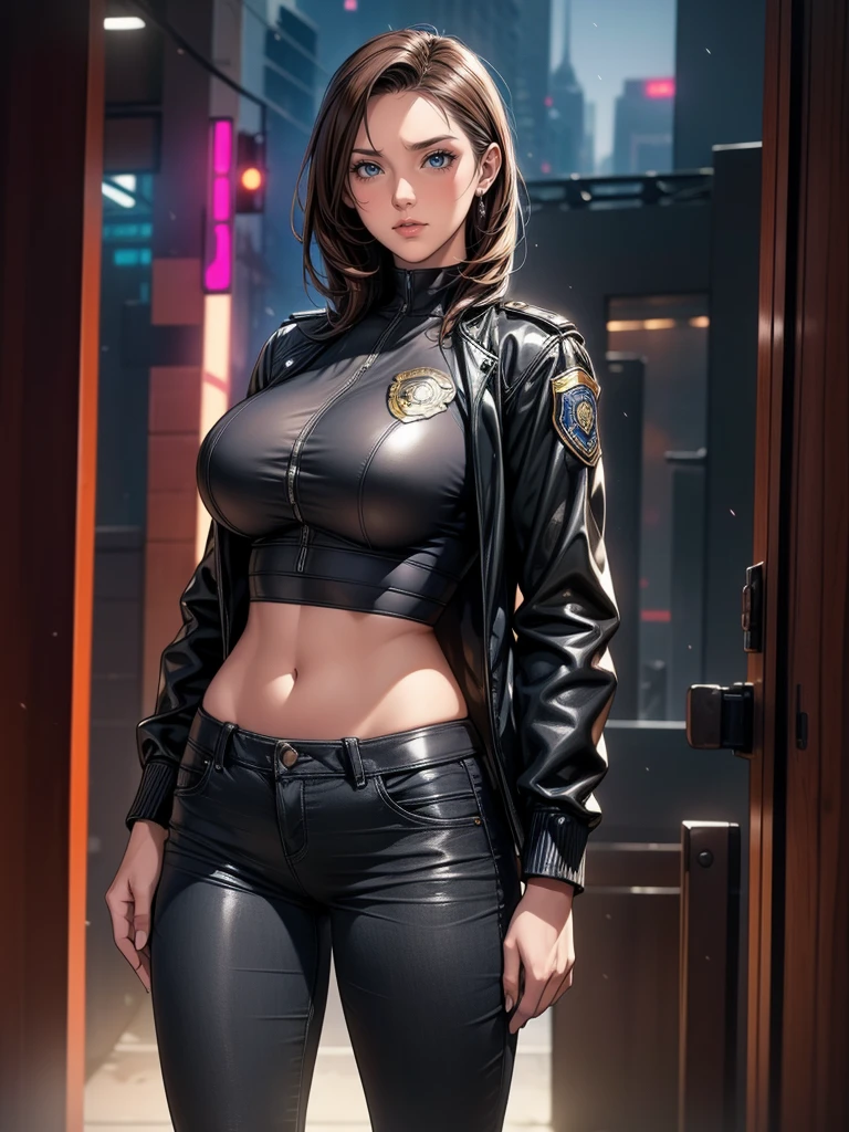 Portrait of a beautiful female model natlp, Georgia Fowler, Beautiful Face, Short dark brown hair，Athletic butt ,　Rear View， solo，Standing posture, Cyberpunk city at night. She is wearing a leather jacket, Black jeans, Dramatic lighting, (Police Badge:1.2)