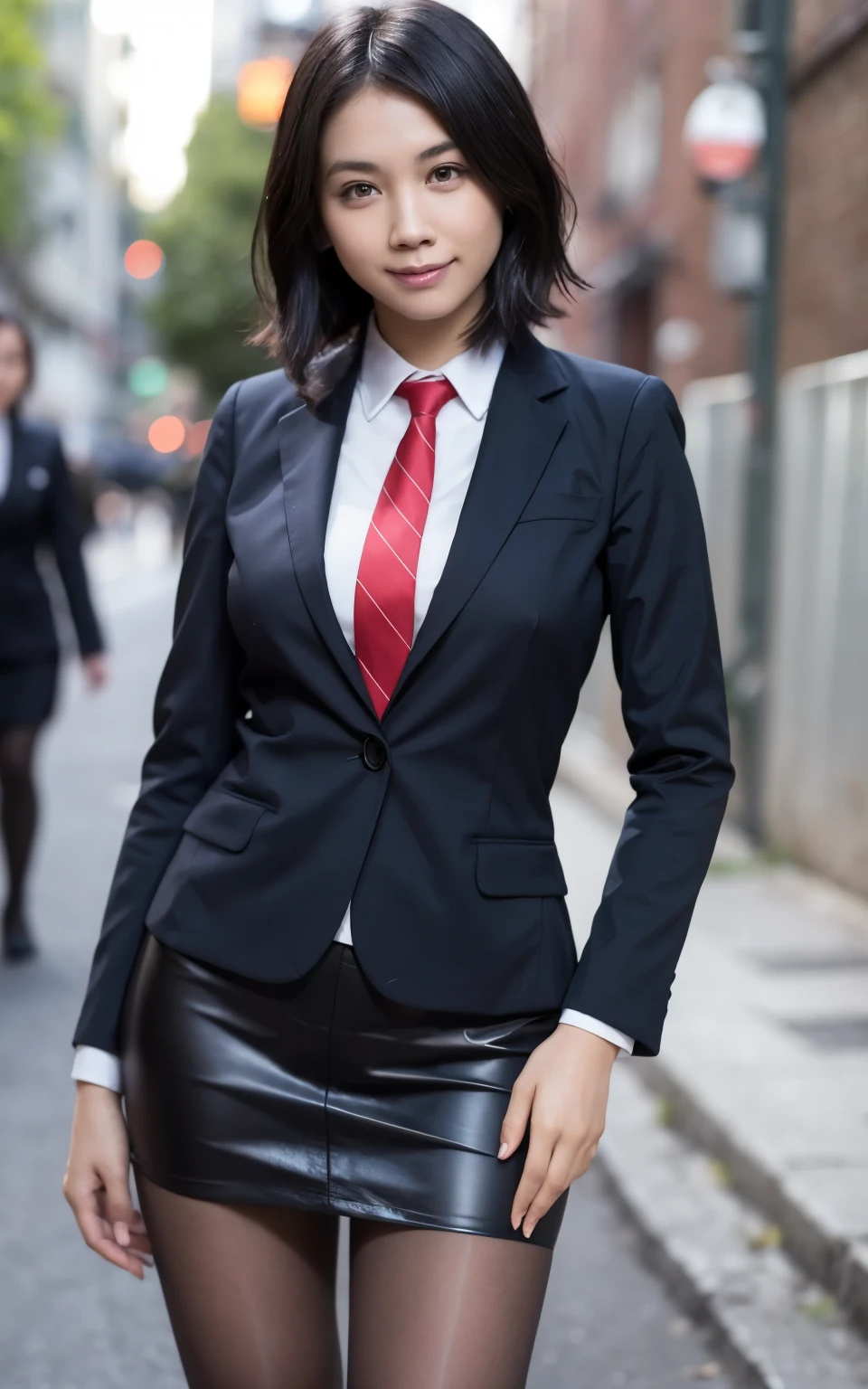 girl, Hyper Realistic, masterpiece, smile, portrait, bobhair, skirt suit, dress shirt, red necktie, blazer, bodycon miniskirt, pencil skirt, tights, pantyhose