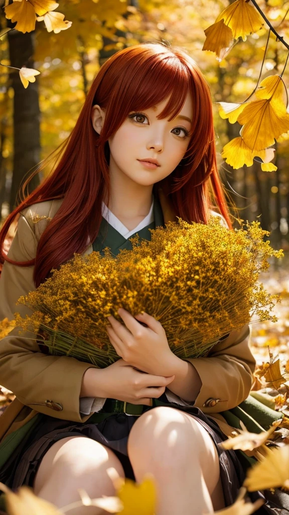 Red-haired anime girl covered in ginkgo leaves,forest,autumn leaves