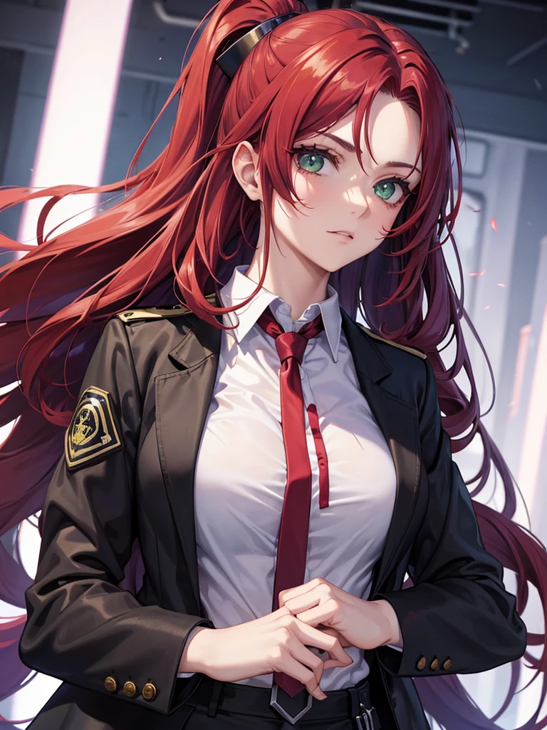 girl, green eyes, long red hair, she hair messy wavy. wear purple black uniform, arogant, independent woman, thug. bad girl. itimidating women. agent