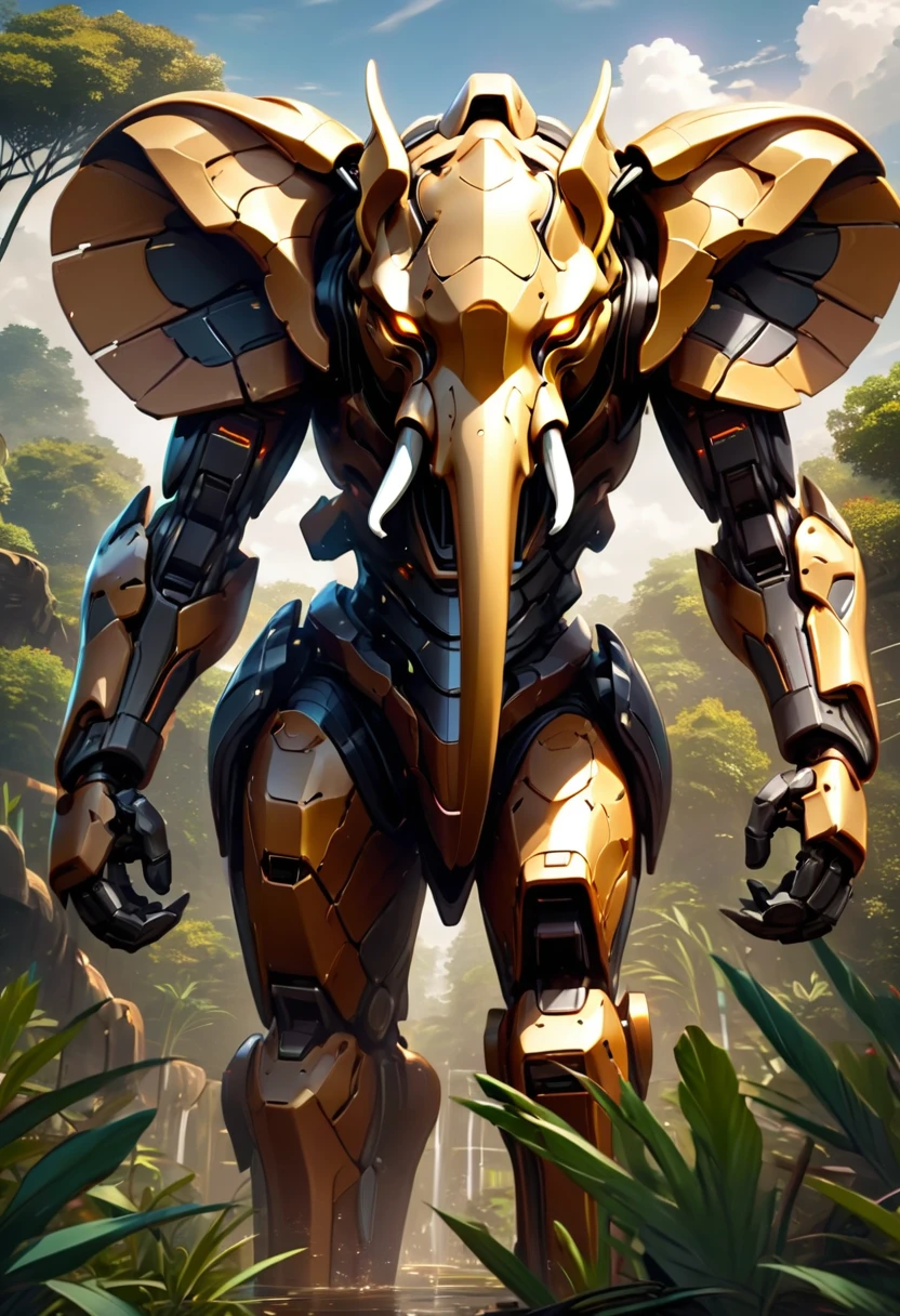 a portrait of a mecha elephant in the jungle, an epic mecha elephant ((full body: 1.5)), ((anatomically correct: 1.5)), (ultra detailed face: 1.2), mechanical eyes, ,mechanical trunk, in the savannah , full of savannah wild life, there is a stream of water, it is a sunny day, there are sun rays, savannah background, vibrant, Ultra-high resolution, High Contrast, (masterpiece:1.5), highest quality, Best aesthetics), best details, best quality, highres, 16k, (ultra detailed: 1.5), masterpiece, best quality, (extremely detailed) RAW, (ultra details, Masterpiece, best quality), nijimecha