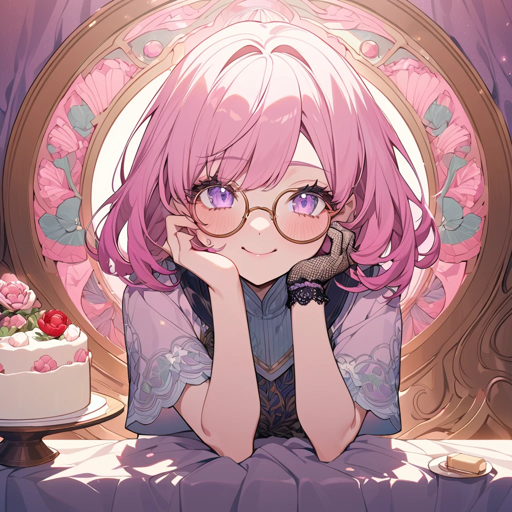 Hiori Light Art, Backlight, Pink Theme, (Art Nouveau:1.2), (Background of Meandros:1.2), pastel colour, One girl, alone, Portraiture, Pink Hair、Round Glasses、Short Bob,誕生日のホールcake, Striped Hair, 彼女は誕生日のホールcakeが乗った皿を持っている, (Long eyelashes:1.2), Light purple eyes, Round Glasses,Long eyelashes, Silk dress, cakeのドレス, blue embroidery, Short sleeve, Birthday mood、Lace gloves, Wrist scrunchies, (Emphasis on high-quality fabrics, embroidery:1.2 ), close, (;q:1.1), Open both eyes,Conceit,Scheming expression, Put your hand on your cheek, head_Tilt, (Emphasis on high-quality fabrics, embroidery:1.2), bloom, Shine, Perfect lighting, masterpiece, Highest quality, Incredibly absurd, Super detailed, reflection, cake, Poppy, peony