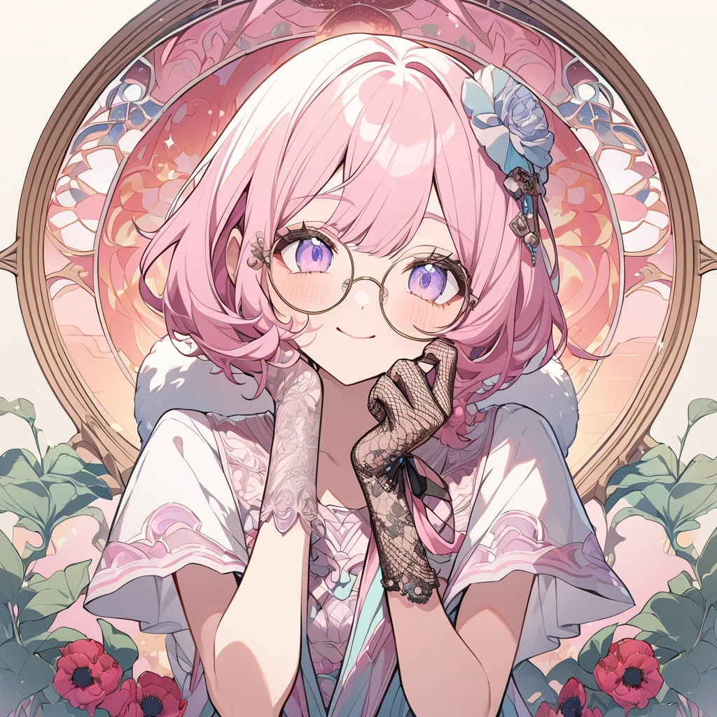 Hiori Light Art, Backlight, Pink Theme, (Art Nouveau:1.2), (Background of Meandros:1.2), pastel colour, One girl, alone, Portraiture, Pink Hair、Round Glasses、Short Bob，誕生日のホールcake, Striped Hair, 彼女は誕生日のホールcakeが乗った皿を持っている, (Long eyelashes:1.2), Light purple eyes, Round Glasses，Long eyelashes, Silk dress, cakeのドレス, blue embroidery, Short sleeve, Birthday mood、Lace gloves, Wrist scrunchies,  (Emphasis on high-quality fabrics, embroidery:1.2 ), close, (;q:1.1), Open both eyes，Conceit,Scheming expression, Put your hand on your cheek, head_Tilt, (Emphasis on high-quality fabrics, embroidery:1.2), bloom, Shine, Perfect lighting, masterpiece, Highest quality, Incredibly absurd, Super detailed, reflection, cake, Poppy, peony