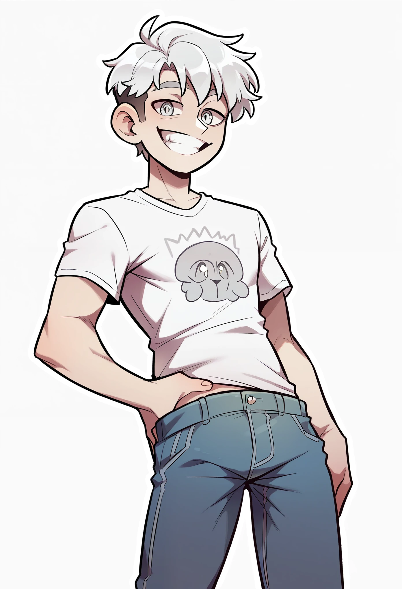 YouTuber, short hair, dark multi-colored eyes, malicious,, Plain White T-shirt, black jeans, big smile, simple white background, Male , adult Male, white outline