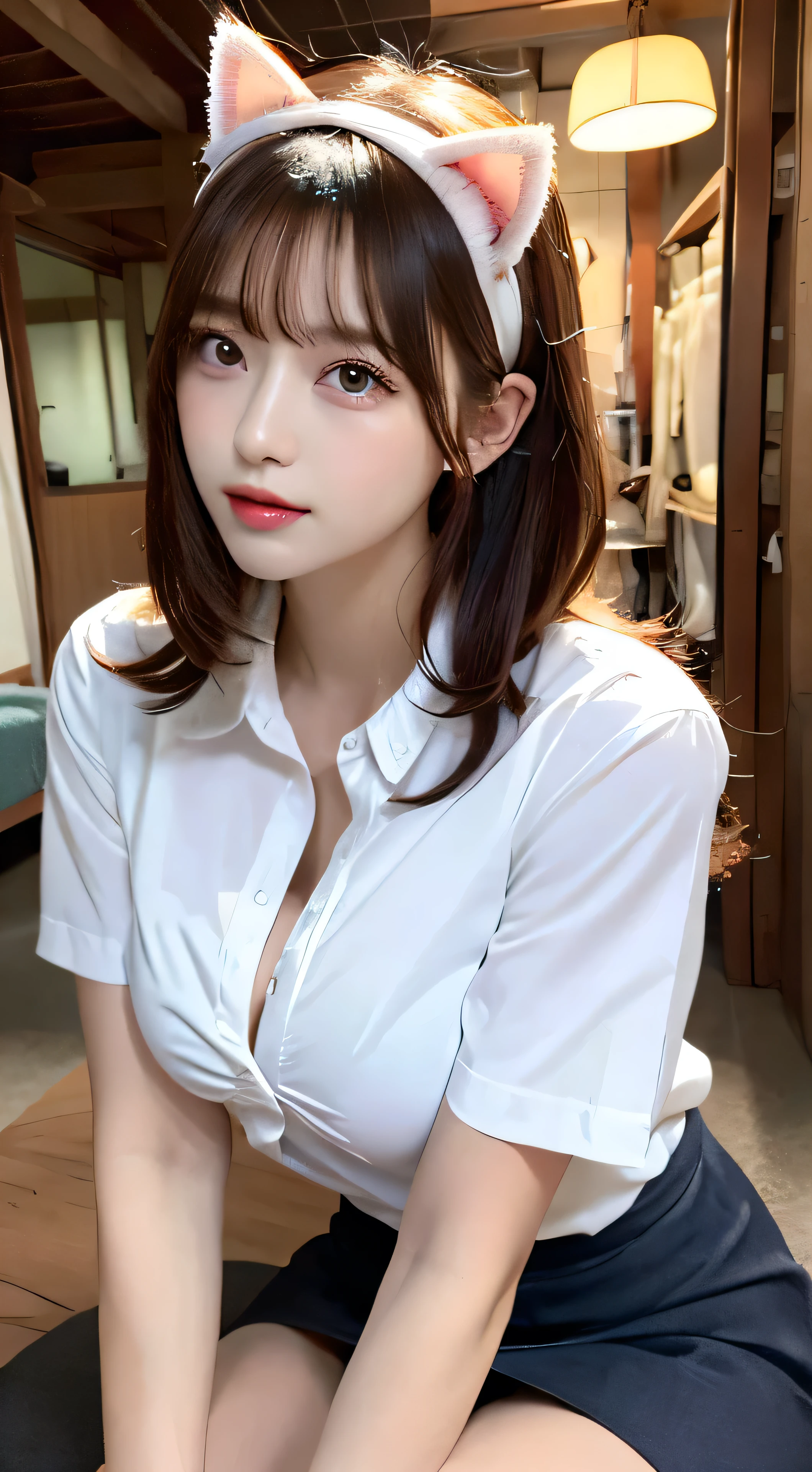 Girl sitting on a chair、Pink cat ears headband、Don't wear skirts、Women wearing men's clothing'Clothes'Large shirt、White open collar shirt、Realistic eyes、Beautiful eyelashes、high resolutionの顔、Wear a knee-length white shirt、Zoom out、woman'Your room background、20 talents、Knee-deep perspective、best quality, illustration, Extremely detailed, Fine details, high resolution, 8k wallpaper, Beautiful and delicate eyes, Hairstyles, Large Breasts, nude, C cup breasts, Natural lipstick, nude