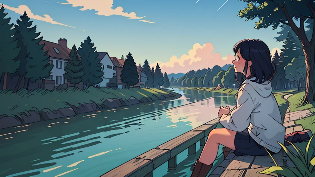 Girl sitting by a river looking out into the sky, crying