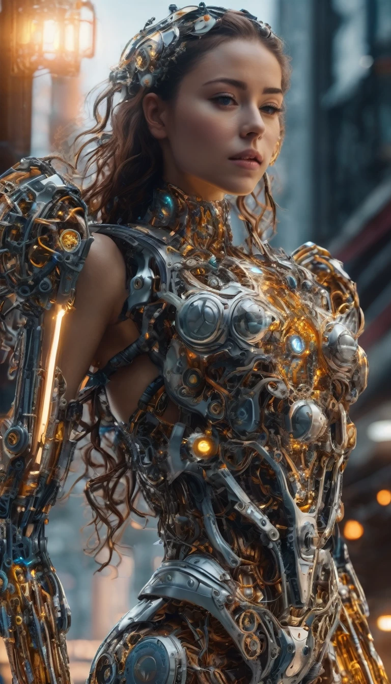 mechanical creature that look like beautiful detailed mechanical woman, highly detailed mechanical body, realistic metal and machinery, glowing cybernetic parts, intricate gears and mechanisms, advanced technological design, photorealistic, cinematic lighting, hyper-detailed,8k, masterpiece