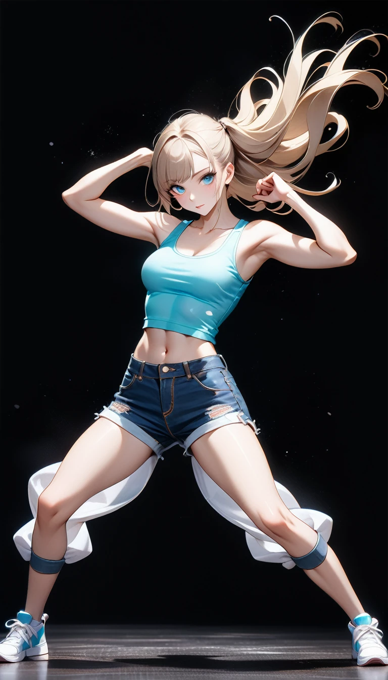 (Generated in SFW:2.0), masterpiece, Highest quality, Realistic photos, RAW Photos, dynamic dancing woman, alone, Beautiful Face, Bangs that fall on the forehead, Casual clothing, (Tight tank top:1.2), (Denim shorts:1.2), No sleeve, Seductive body lines, alluring looks, break, Cool dance, break, Hip Hop Dance, (Black background color:1.5), (A dark background to make your subject stand out:1.1), (Focus on the eyes), (Full Body Shot:1.2), break, Street dance, Hip Hop Dance, Club dance, dynamic pose, dynamic, Moments that captivate you, Concentrated face, View your viewers, bend, Spread your legs, Cool pose, Apply random anagrams to create completely different new works,