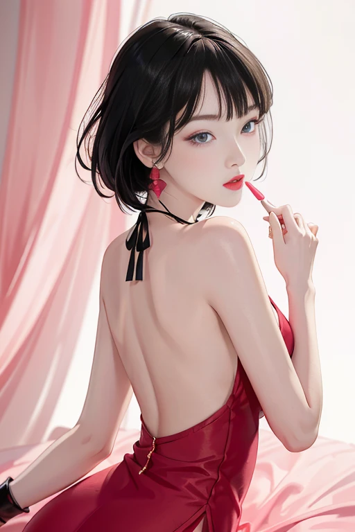 tsuruta ichiro, Narrow-eyed, 1girl in, Allback、deadpan、short-hair、shorth hair、brow、Reluctance、A dark-haired、Tucked Hair Solo, Cowgirl, Onepiece, ((mideum breasts)), Thin slit eyes、Black eyes, Light shines on the eyes、Black hair, gloves, Dress, Luxurious Jewelry, earrings, sharp eye、 elbow groves,Raise your hands and tie your hair back, random color, random color dress, Makeup for long eyes, Slender eyes、lip stick, Complex petal pattern, Rim Light, Back Light, pastel color,Studio Lighting