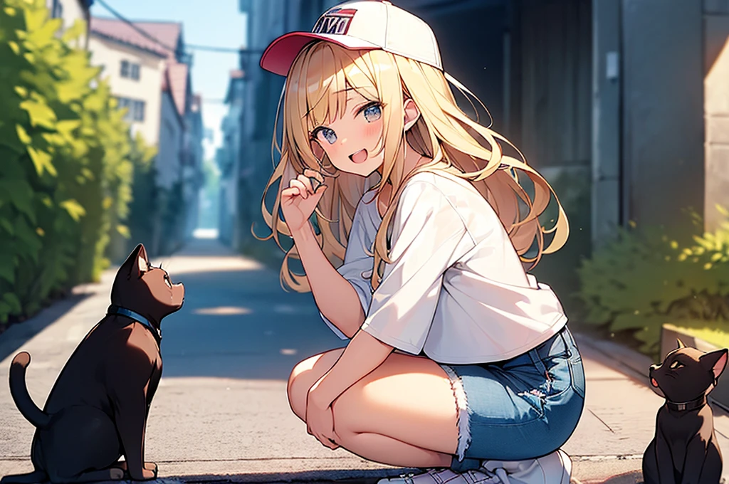(Masterpiece, Top quality:1.5), 1 beautiful girl, squatting down, from side, Blonde, medium Hair, wavy Hair, asymmetry bangs, swept bangs, airy hair, large breasts:1.2, 16 year old, standard weight, (casual fashion, Shorts :1.3), baseball cap, smile:1.3, blush, beautiful scene of narrow Alley, blurry background, magnificent panorama view, blurry background, open mouth, cat