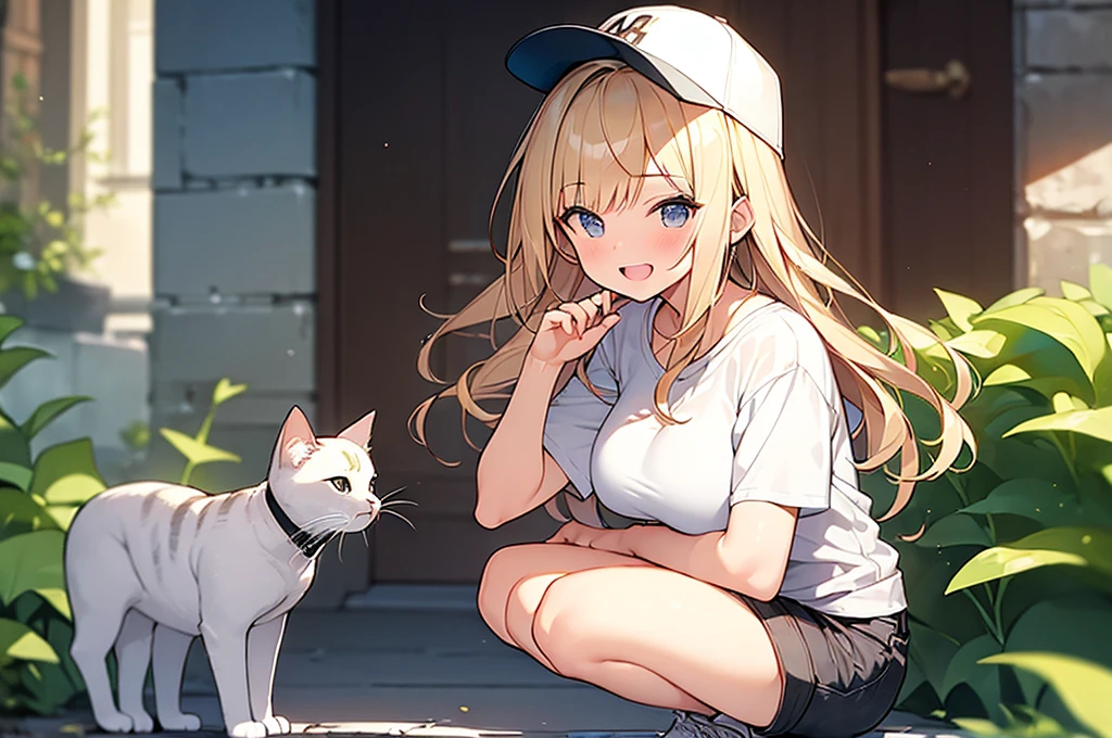 (Masterpiece, Top quality:1.5), 1 beautiful girl, squatting down, from side, Blonde, medium Hair, wavy Hair, asymmetry bangs, swept bangs, airy hair, large breasts:1.2, 16 year old, standard weight, (casual fashion, Shorts :1.3), baseball cap, smile:1.3, blush, beautiful scene of narrow Alley, blurry background, magnificent panorama view, blurry background, open mouth, cat