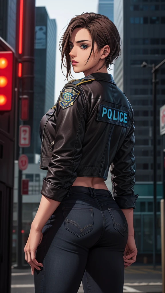 Portrait of a beautiful female model natlp, Georgia Fowler, Beautiful Face, Short dark brown hair，Athletic butt ,　Rear View， solo，Standing posture, Cyberpunk city at night. She is wearing a leather jacket, Black jeans, Dramatic lighting, (Police Badge:1.2)