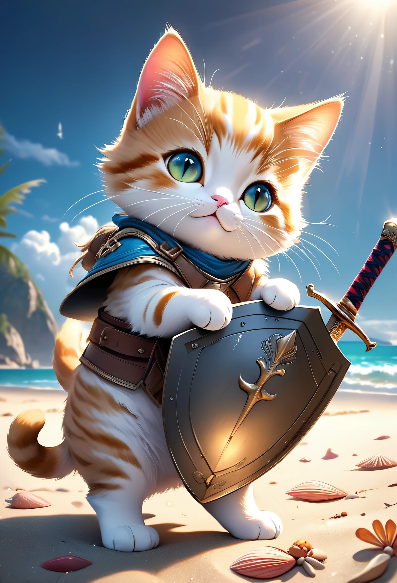 cute cat, on the beach, holding a small shield and preparing a small sword, smooth texture, highly detailed, 8k, photorealistic, masterpiece, outstanding illustration, dramatic lighting, bright colors, fantasy art, whimsical