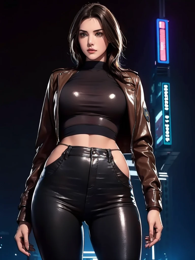 Portrait of a beautiful female model natlp, Georgia Fowler, Beautiful Face, Short dark brown hair，Athletic butt ,　Rear View， solo，Standing posture, Cyberpunk city at night. She is wearing a leather jacket, Black jeans, Dramatic lighting, (Police Badge:1.2)