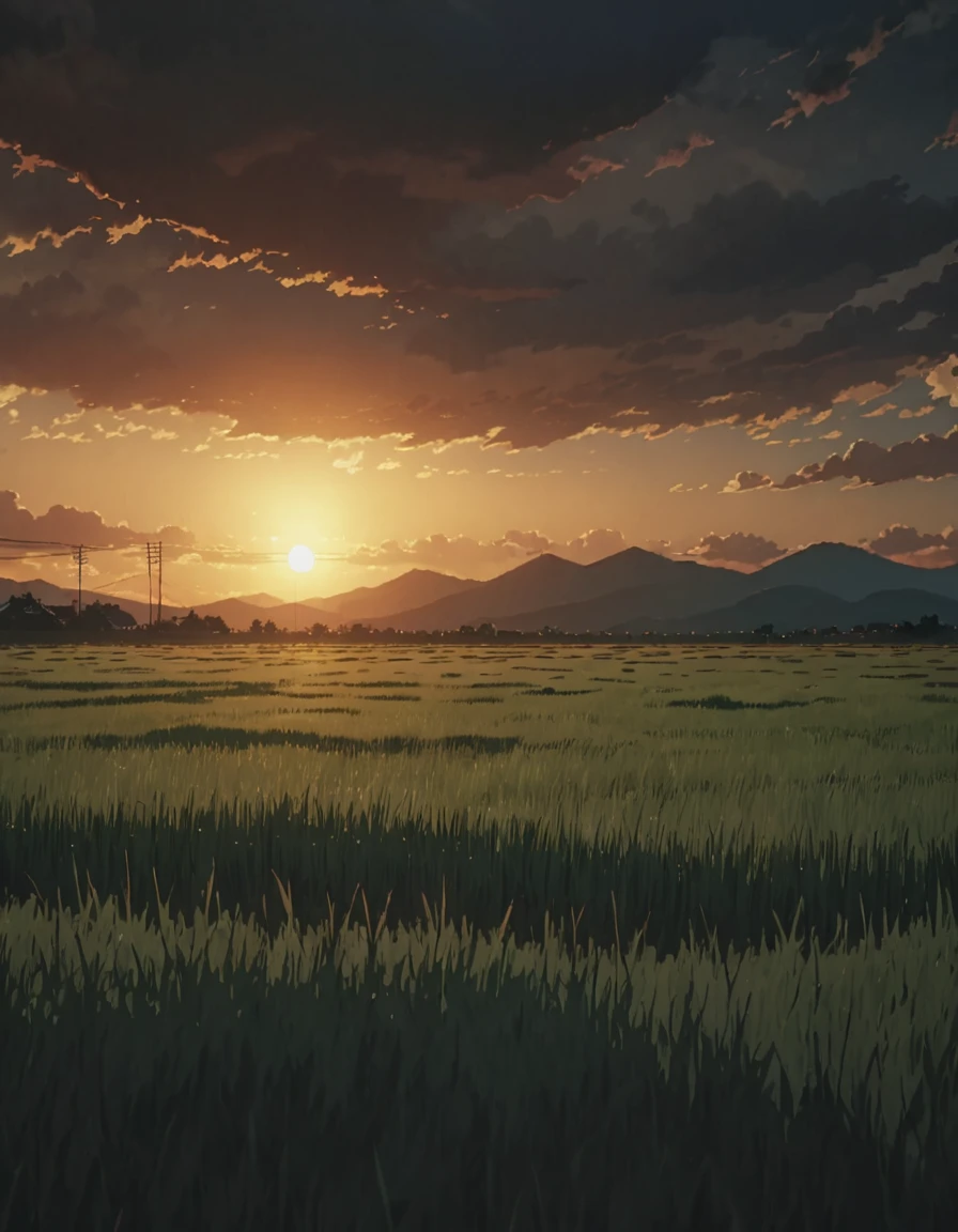 Masterpiece 8k Studio ghibli A serene landscape of a grass field under a hellish sky with clouds. shadow, sunset natural light lighting!!!!!      solar 8khdr!!!!