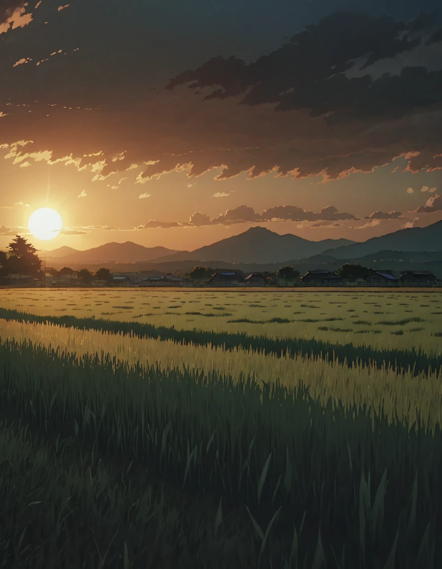 Masterpiece 8k Studio ghibli A serene landscape of a grass field under a hellish sky with clouds. shadow, sunset natural light lighting!!!!! solar 8khdr!!!!