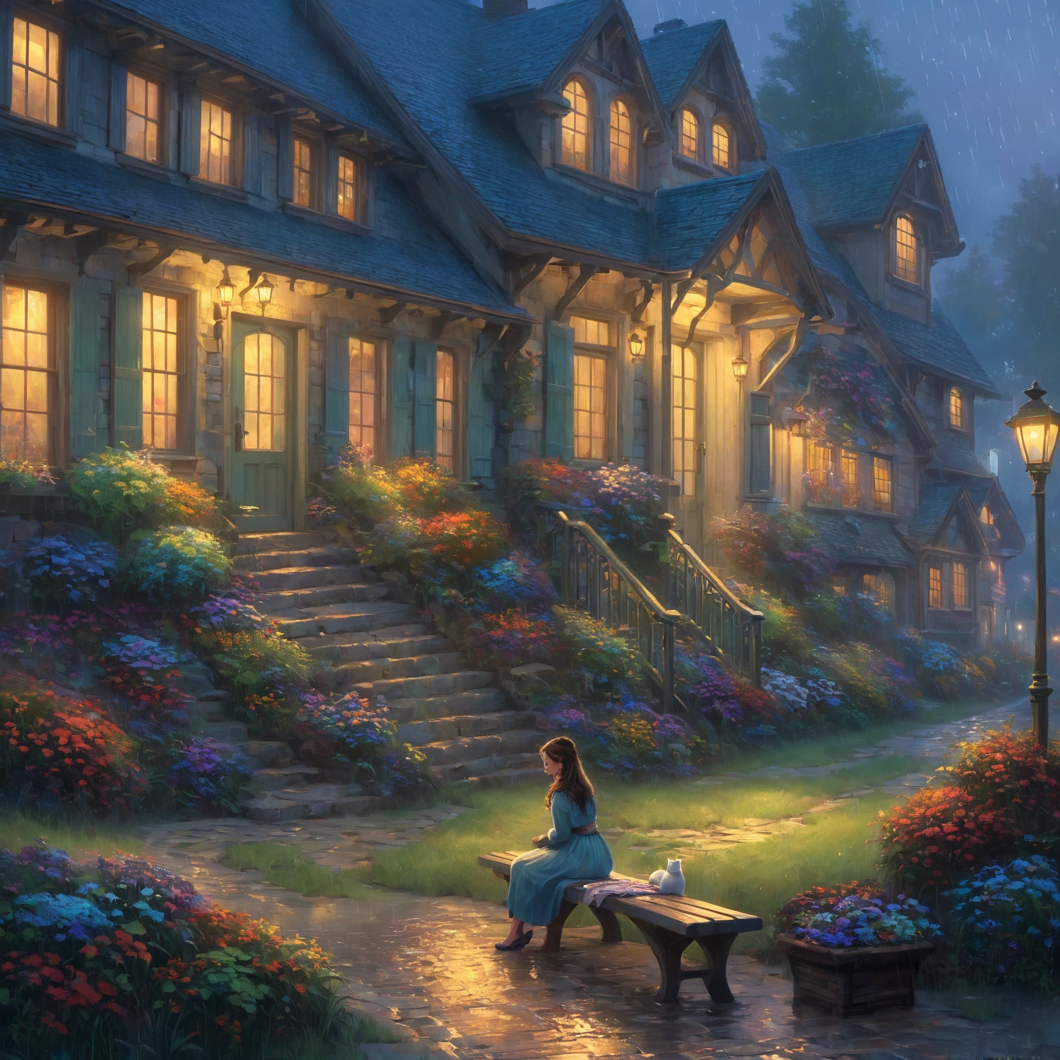 a woman sitting on a bench in front of a house, beautiful art uhd 4 k, 4 k matte thomas kinkade, tomas kinkade, rhads and thomas kinkade, kinkade. award winning, rainy evening, ( ( thomas kinkade ) ), thomas kinkade cfg _ scale 9, kinkade, thomas kinkade. cute cozy room
