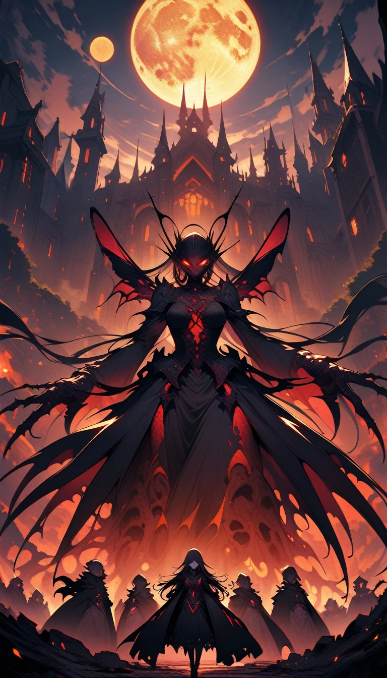 ((best quality)) , ((masterpiece)) , (detailentasy illustration of an enormous wasp with glowing eyes, surrounded cheering people in the style of magic The gathering card art. In front is a large yellow moon over a fantasy town background. Vibrant colors are used.，(((Gothic style， Dark, mysterious, haunting, dramatic, ornate, detailed)))