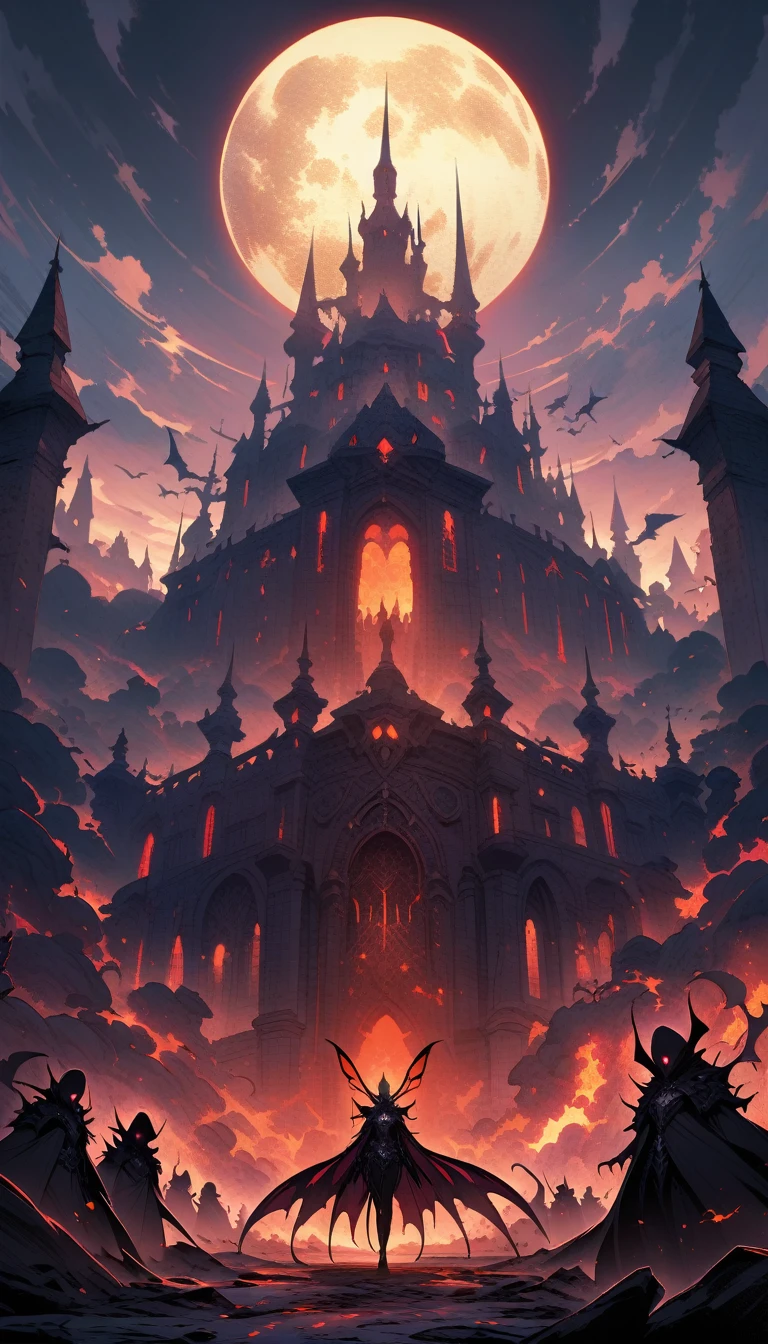 ((best quality)) , ((masterpiece)) , (detailentasy illustration of an enormous wasp with glowing eyes, surrounded cheering people in the style of magic The gathering card art. In front is a large yellow moon over a fantasy town background. Vibrant colors are used.,(((Gothic style, Dark, mysterious, haunting, dramatic, ornate, detailed)))