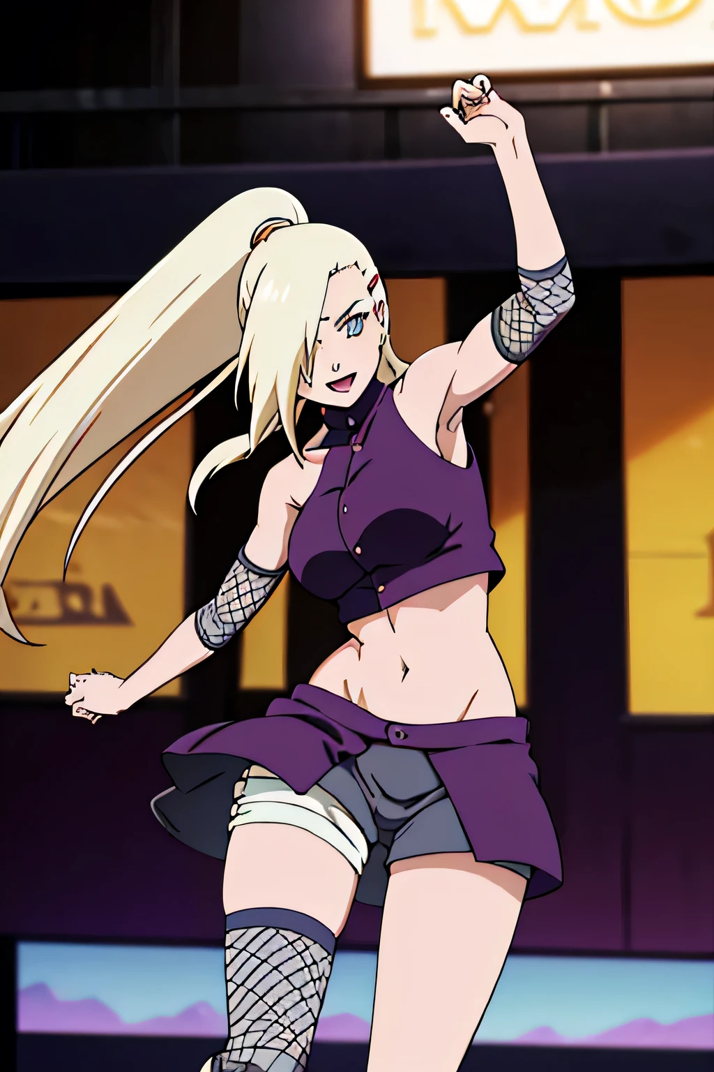 (Position yourself for the audience.), Ino Yamanaka, looking at the audience, charming, Groin, cowboy shoot, Extraordinarily detailed face, sunny day, Daytime, upper body view, anime style, alone, House details, Blonde, ((One eye is covered with fur., Hair over the eyes)), Medium bust, Belly button, looking at the audience, (off shoulder, Broad shoulders, curved body), hidden eyes, smile, open mouth, very happy, high, Hair clips, Looks sharp, Sharp face, Sharp eyes, cool colors,Knees up,Beautiful legs,Leg kick,Fighting posture, jump