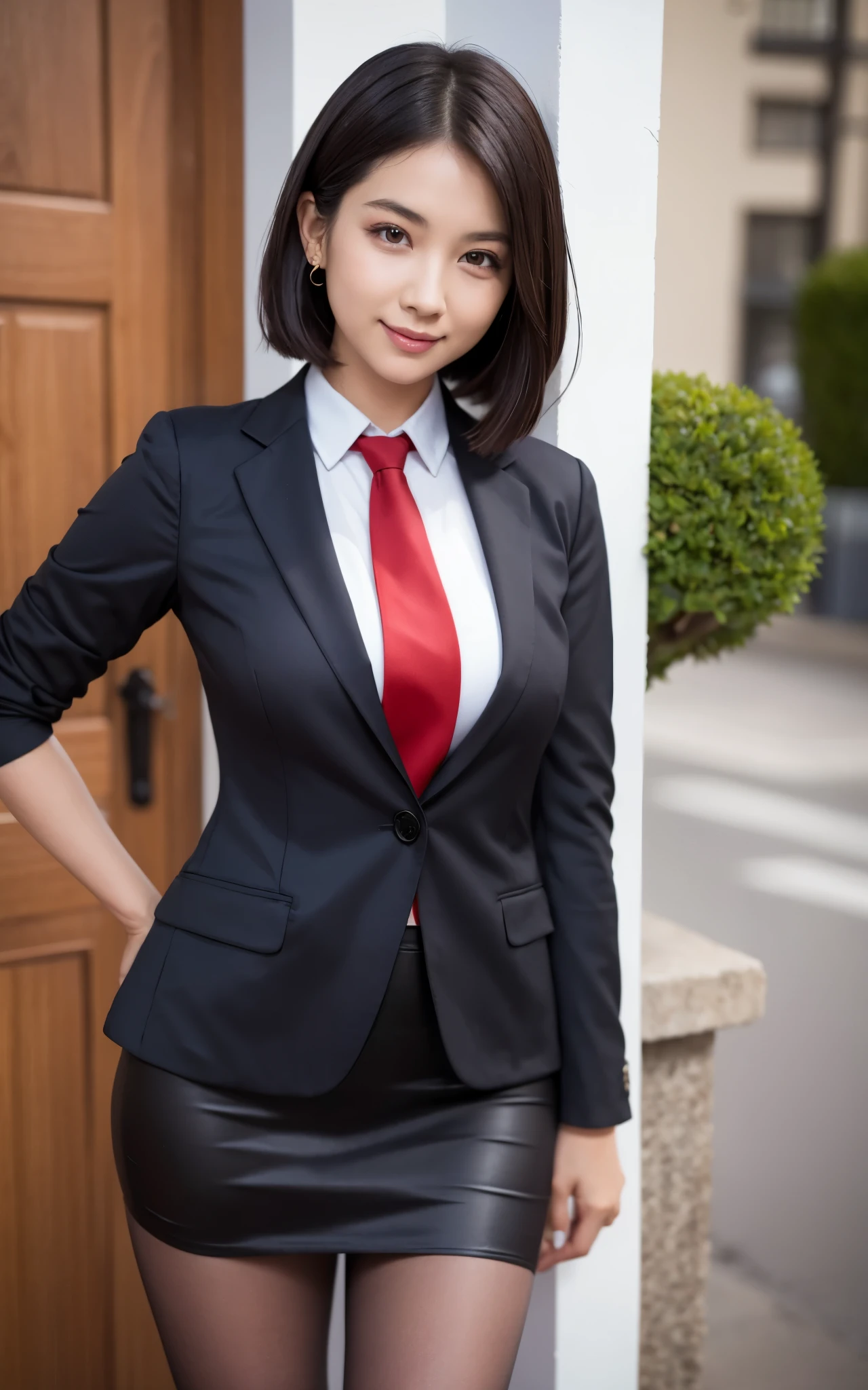 girl, Hyper Realistic, masterpiece, smile, portrait, bobhair, skirt suit, dress shirt, red necktie, blazer, pantyhose