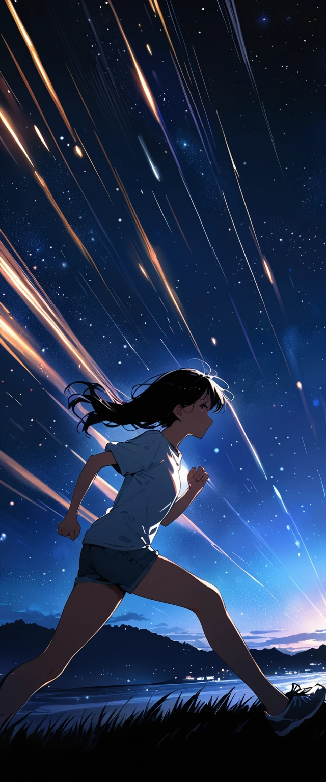 (((masterpiece))),(((Highest quality))),((Very detailed)),Side view,profile,summer night,Starry Sky,Speed,running, girl with black hair,8k, Super Detail,(15 meters away),Particles of light,T-Shirts,The whole scene is shining&#39;S