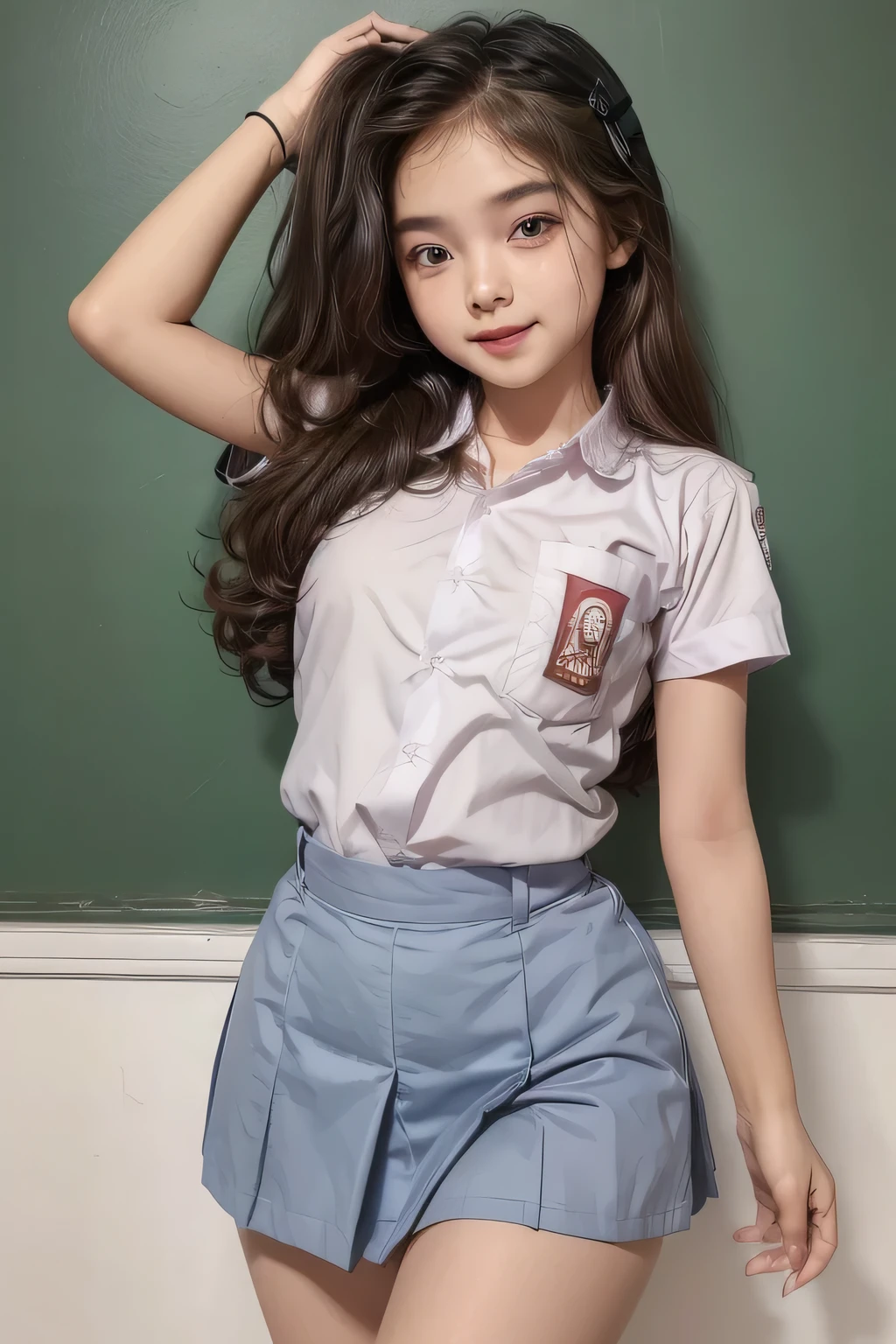 (((Super cute and sexy )))((Roll up your skirt)), very cute, smile, blush, Round face, classroom、beautiful 1 girl、masterpiece, cute teen 1 girlhoolgirl: 1.2 tight shirt :1.2), ( very short skirt1.3), (curve proportional body:1.3),(very detail slim thight:1.3), (slim thight:1.3) (very detail curve boob:1.2) (long legs:1.4) (ponytail hair:1.2), cinematic lighting, (long shot:1.1), (( she is non underwear) (detail curve butts1.2), best image quality、RAW photo、ultra high resolution, small breasts、dynamic angle、cowboy shot、The most beautiful forms of chaos、beautiful ligh brown hair、short bob、smile、glossy white skin、beautiful eyes with random colors、Very beautiful eyes down to the details、thin lips、detailed beautiful eyes、elongated eyes、long eyelashes