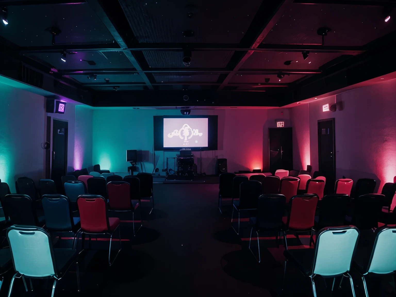 A spacious party room with comfortable chairs for stand up comedy, with a small well lit stage  and disco-party lights on the ceiling.