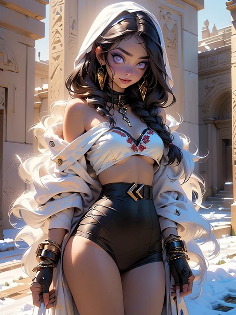 girl from ancient India,1girl,
(large breasts:1.4),((((long twin braids,tight braids,long braid,braided hair,long hime cut,dark hair,black hair,colored inner hair)))),(((purple_eyes:1.3))),intricate eyes,beautiful detailed eyes,symmetrical eyes,((((lustrous skin:1.5,tanned skin,bright skin: 1.5,skin tanned,shiny skin,very shiny skin,shiny body,Reflective skin)))),(spider lower abdomen,narrow waist,wide hip,athletic body,inflated legs,thick thighs,delicate detailed fingers,(detailed face)),beautiful detailed lips,
cute,slutty,sensual,seductive look,seductive,((erotic)),opulent,sumptuous,((nsfw)),
(((eyeshadow,egyptian makeup,eyelid makeup))),zettai ryouiki,revealing clothing,show skin,((((underboob)))),(((Long white socks, socks with furry edge))),((thong with furry edge)),((((egyptian hoodie,white hoodie,old style hoodie)))),((((slave collar,Long chain leash connected to her collar,shackles)))),crop top bikini,choker,straps,(((Sexy white fur coat, white fur coat outfit, wearing a white fur coat:1.3,white winter coat))),(white gloves,semi-naked,with little white clothing,(((furry edge clothing)))),(cleavage:1.3),((strapless, off shoulder)),(((wet clothes,intricate outfit,embroidered outfit,ornate outfit,embroidered clothes,ornate clothes))),
(flirtatious pose:1.3), looking at viewer,embarrassed,centered,scale to fit dimensions,Rule of thirds,
((snowy egyptian palace)),winter,scenery:1.25,((intricate scenery)),((snow forest background)),snow everywhere,(,snowy egyptian palace background,snowy pyramids in the background),extremely scenery,(puddles everywhere),clouds,Egypt style,Egypt castle,(sunset, golden hour),
(Glossy Egyptian ornaments),highres,sharp focus,(ultra detailed,extremely detailed),(photorealistic artwork:1.37),(extremely detailed CG unity 8k wallpaper),(((vibrant colors,vibrant theme))),(intricate),(masterpiece),(best quality),artistic photography,(photography taken by sldr),(intricate background),perfect rendered face,perfect face details,realisti