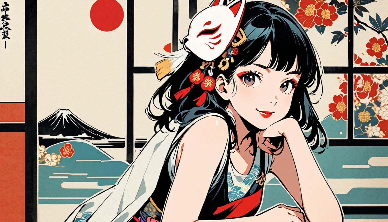 (((Ink Painting))), Fashion portrait color photos, (((1 girl))), (((Put a white fox mask on your head))), (((Japanese pattern tank top))), (((Very flashy hair accessories))), (((Very flashy makeup))), (((cheek rest))), Japanese style headphones, smile, front view, Japan人の美少女, Black Hair, Delicate and precise, Modern ukiyo-e style,Japan, Japanese flag