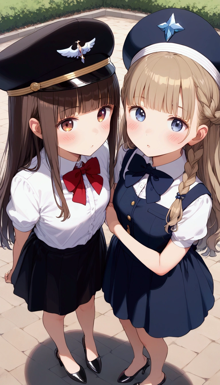 {Highest quality}, {Super beautiful},{Ultra fine},{Best illustration},Brown Hair,Hime cut,long hair,Braid,1 female,Uniform cap,White Shirt,Short sleeve,Long black skirt,Night Park,Blushing,Slender women, Black stiletto heels,barefoot,Stand with your legs together,From an angle,From above