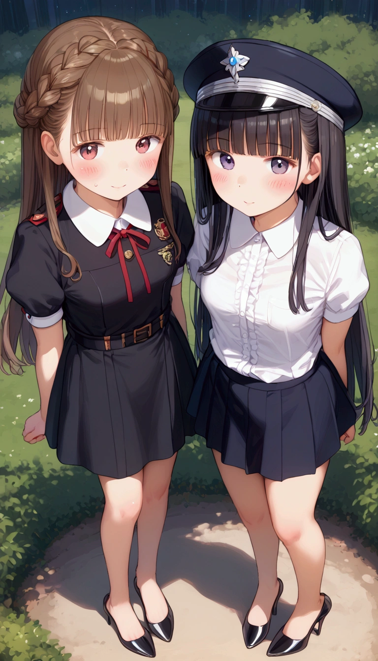 {Highest quality}, {Super beautiful},{Ultra fine},{Best illustration},Brown Hair,Hime cut,long hair,Braid,1 female,Uniform cap,White Shirt,Short sleeve,Long black skirt,Night Park,Blushing,Slender women, Black stiletto heels,barefoot,Stand with your legs together,From an angle,From above