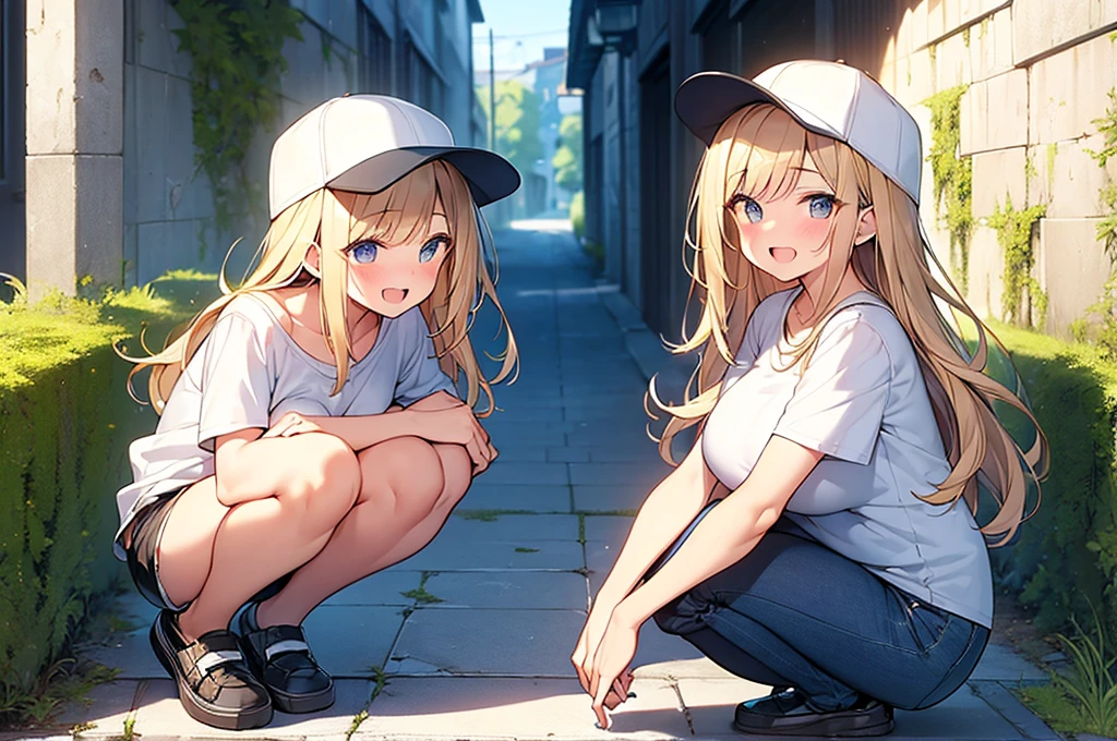 (Masterpiece, Top quality:1.5), 1 beautiful girl, squatting down, from side, Blonde, medium Hair, wavy Hair, asymmetry bangs, swept bangs, airy hair, large breasts:1.2, 16 year old, standard weight, (casual fashion, Shorts :1.3), baseball cap, smile:1.3, blush, beautiful scene of narrow Alley, blurry background, magnificent panorama view, blurry background, open mouth,