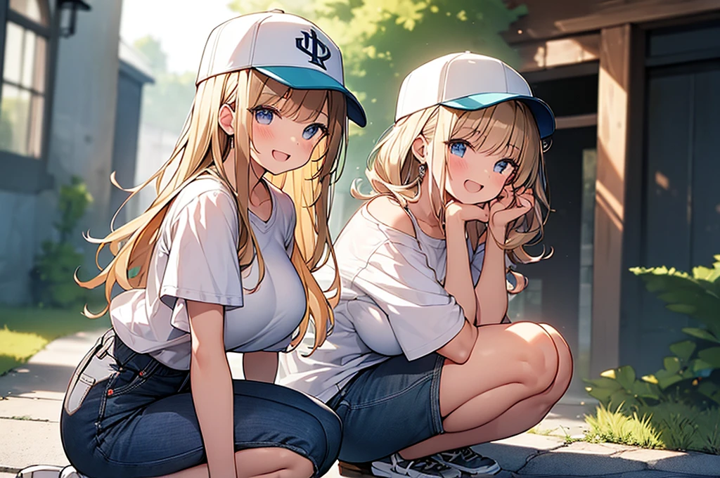 (Masterpiece, Top quality:1.5), 1 beautiful girl, squatting down, from side, Blonde, medium Hair, wavy Hair, asymmetry bangs, swept bangs, airy hair, large breasts:1.2, 16 year old, standard weight, (casual fashion, Shorts :1.3), baseball cap, smile:1.3, blush, beautiful scene of narrow Alley, blurry background, magnificent panorama view, blurry background, open mouth,