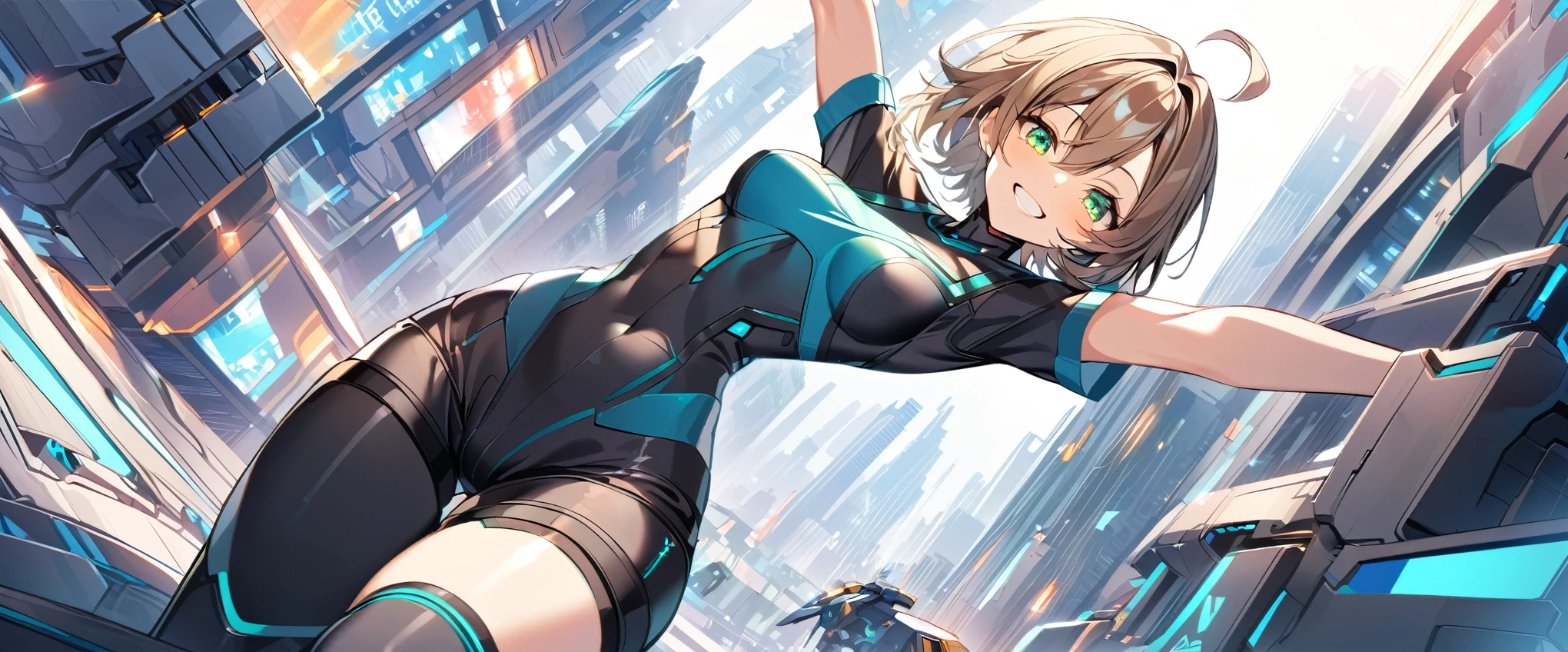 aile_megamanzx, kneeling with one hand on the ground and the other arm raised, 1girl, solo, short hair, brown hair, short sleeves, (bodysuit), robot ears, green eyes, (very_short_shorts:1.3), short sleeves, short over long sleeves, smile, in futuristic city, , high quality, medium_breasts,crotch, slouch,groin,dynamic_angle