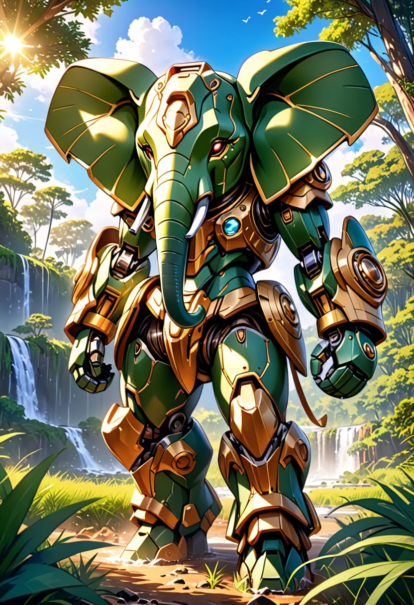 a portrait of a mecha elephant in the jungle, an epic mecha elephant ((full body: 1.5)), ((anatomically correct: 1.5)), (ultra detailed face: 1.2), mechanical eyes, ,mechanical trunk, in the savannah , full of savannah wild life, there is a stream of water, it is a sunny day, there are sun rays, savannah background, vibrant, Ultra-high resolution, High Contrast, (masterpiece:1.5), highest quality, Best aesthetics), best details, best quality, highres, 16k, (ultra detailed: 1.5), masterpiece, best quality, (extremely detailed) RAW, (ultra details, Masterpiece, best quality), nijimecha