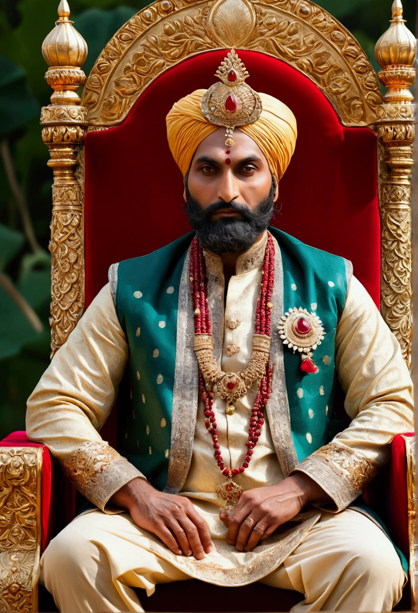 (ultra detailed), a magnificent and historical full-size portrait of an Indian human king from ancient times, regal attire, gold and silk, turban, (bearded), ((royal throne, red and gold decorations)), ((majestic posture, hands resting on the armrests)), (mahogany skin), (detailed eyes, almond-shaped and expressive), ((kohled eyes, symbol of power and wisdom)), (outdoors:1.35), lush green forests, lotus ponds, (lotus flowers, elephants, peacocks), detailed background, photo-realistic, realistic hands, 8k HD, (rich colors, vibrant h