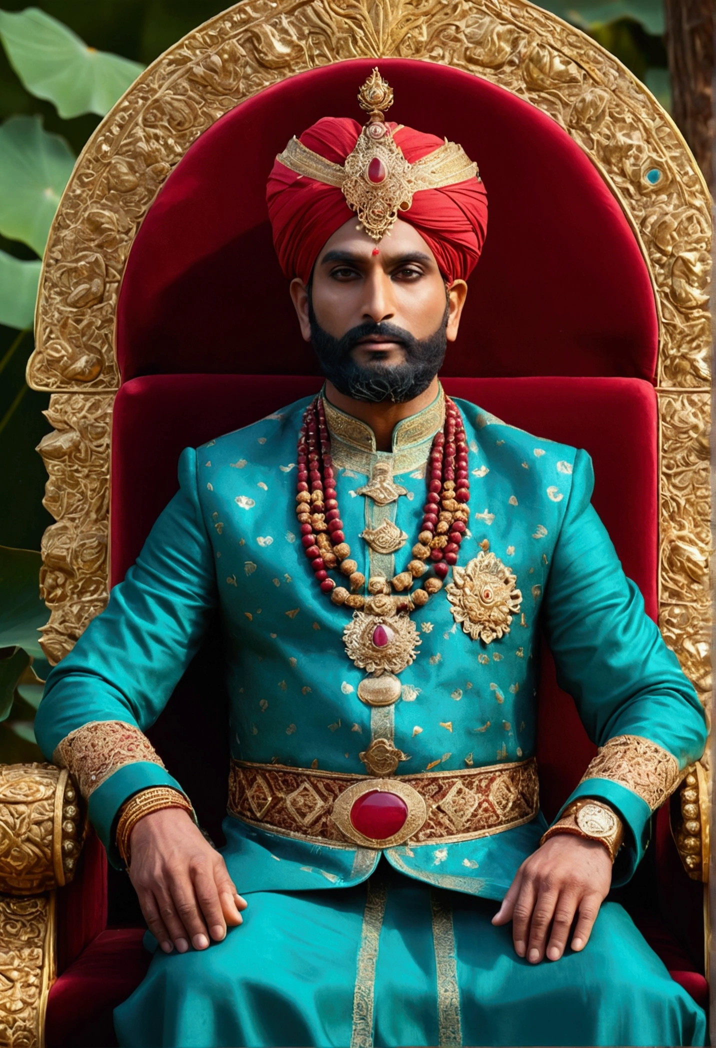 (ultra detailed), a magnificent and historical full-size portrait of an Indian human king from ancient times, regal attire, gold and silk, turban, (bearded), ((royal throne, red and gold decorations)), ((majestic posture, hands resting on the armrests)), (mahogany skin), (detailed eyes, almond-shaped and expressive), ((kohled eyes, symbol of power and wisdom)), (outdoors:1.35), lush green forests, lotus ponds, (lotus flowers, elephants, peacocks), detailed background, photo-realistic, realistic hands, 8k HD, (rich colors, vibrant h