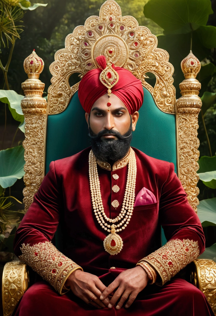 (ultra detailed), a magnificent and historical full-size portrait of an Indian human king from ancient times, regal attire, gold and silk, turban, (bearded), ((royal throne, red and gold decorations)), ((majestic posture, hands resting on the armrests)), (mahogany skin), (detailed eyes, almond-shaped and expressive), ((kohled eyes, symbol of power and wisdom)), (outdoors:1.35), lush green forests, lotus ponds, (lotus flowers, elephants, peacocks), detailed background, photo-realistic, realistic hands, 8k HD, (rich colors, vibrant h