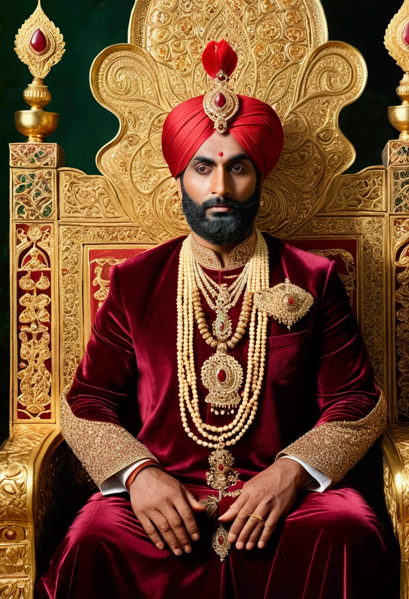 (ultra detailed), a magnificent and historical full-size portrait of an Indian human king from ancient times, regal attire, gold and silk, turban, (bearded), ((royal throne, red and gold decorations)), ((majestic posture, hands resting on the armrests)), (mahogany skin), (detailed eyes, almond-shaped and expressive), ((kohled eyes, symbol of power and wisdom)), (outdoors:1.35), lush green forests, lotus ponds, (lotus flowers, elephants, peacocks), detailed background, photo-realistic, realistic hands, 8k HD, (rich colors, vibrant h