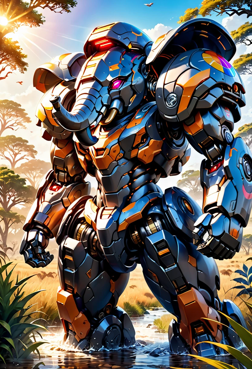 a portrait of a mecha elephant in the jungle, an epic mecha elephant ((full body: 1.5)), ((anatomically correct: 1.5)), (ultra detailed face: 1.2), mechanical eyes, ,mechanical trunk, in the savannah , full of savannah wild life, there is a stream of water, it is a sunny day, there are sun rays, savannah background, vibrant, Ultra-high resolution, High Contrast, (masterpiece:1.5), highest quality, Best aesthetics), best details, best quality, highres, 16k, (ultra detailed: 1.5), masterpiece, best quality, (extremely detailed) RAW, (ultra details, Masterpiece, best quality), nijimecha