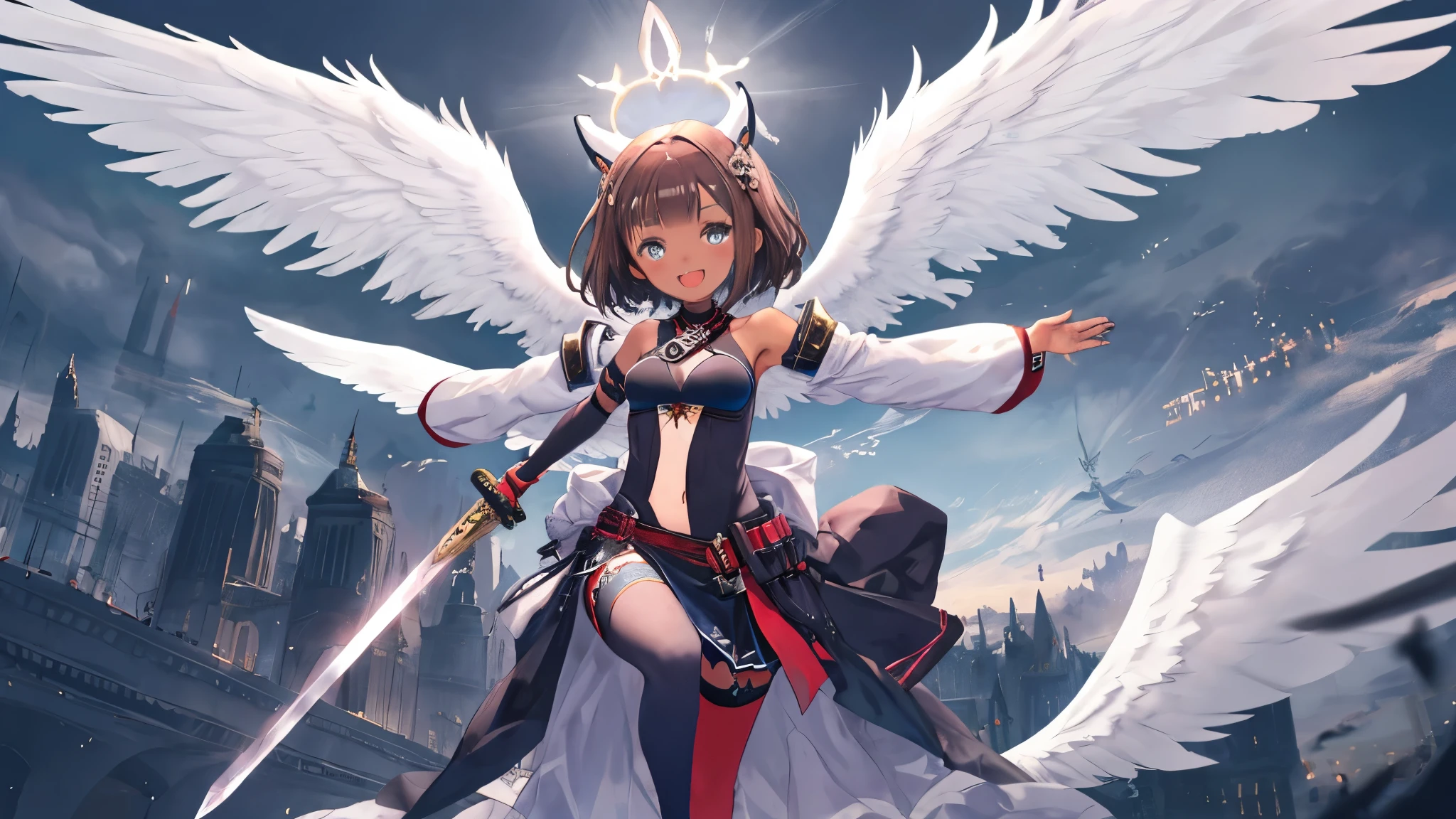 fantasy, 1angel_girl, low_, dark_brown_hair,long_bangs, (dark_skin)+, bare_shoulder, navel out, thighhighs,silver_shiny_armor, white_clothes,waist_armor, Glebe, hold_swords_emits_light, medium_breasts, dynamic_flying_pose,Floating, (1pair_white_wings:1.2),(pelvic_curtain:1.3), silver_Headgear ,looking_down_at_sunset_city_sky_background,,slightly_spread_legs, some_swords_emits_light,some_swords_emits_light_floating_around_the_girl,solo,glare_halo,laugh ,smile,open_mouth,open_legs,open_arms,rise_knee,rise_leg,rise_thigh,rise_leg,forward_leaning_posture,apart_legs,