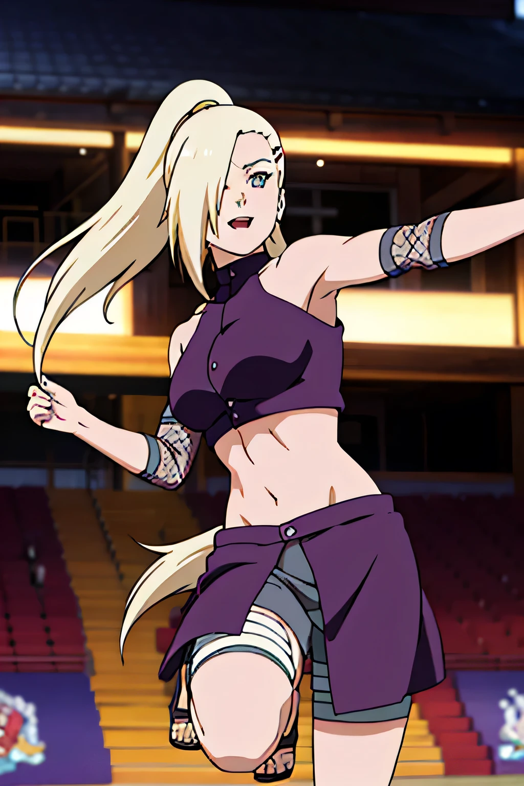 (Position yourself for the audience.), Ino Yamanaka, looking at the audience, charming, Groin, cowboy shoot, Extraordinarily detailed face, sunny day, Daytime, upper body view, anime style, alone, House details, Blonde, ((One eye is covered with fur., Hair over the eyes)), Medium bust, Belly button, looking at the audience, (off shoulder, Broad shoulders, curved body), hidden eyes, smile, open mouth, very happy, high, Hair clips, Looks sharp, Sharp face, Sharp eyes, cool colors,Knees up,Beautiful legs,Leg kick,Fighting posture, jump
